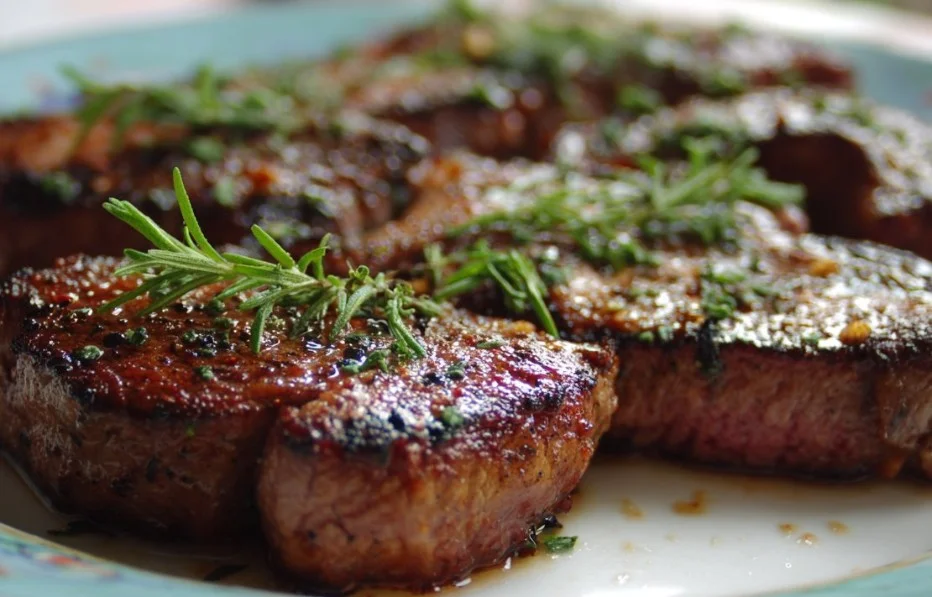 Juicy beef sirloin steak grilled to perfection on a plate with seasoning.