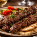 Grilled beef skewers ready to serve with vegetables and sauce.