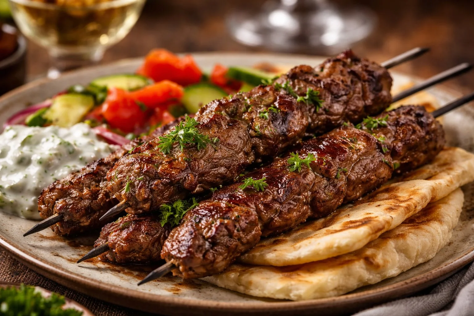 Grilled beef skewers ready to serve with vegetables and sauce.