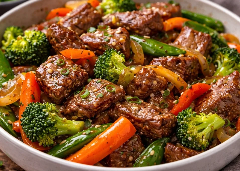Delicious beef stir fry with vegetables in a savory sauce