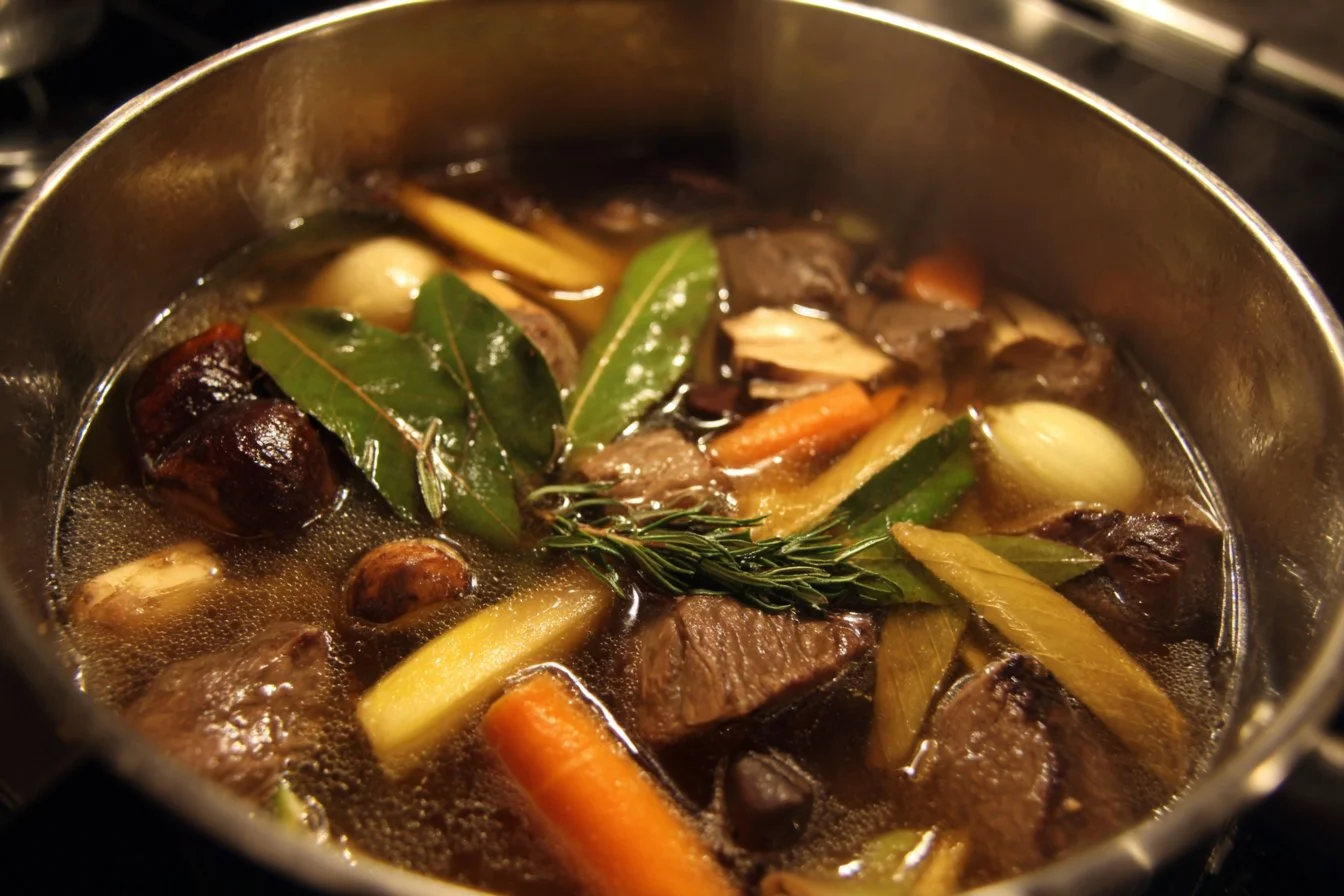 Homemade beef stock simmering in a pot with vegetables and spices.