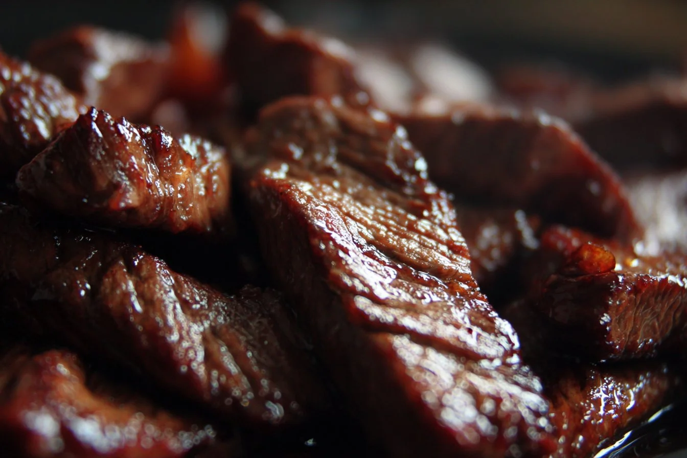 Plate of flavorful beef strips served with vegetables
