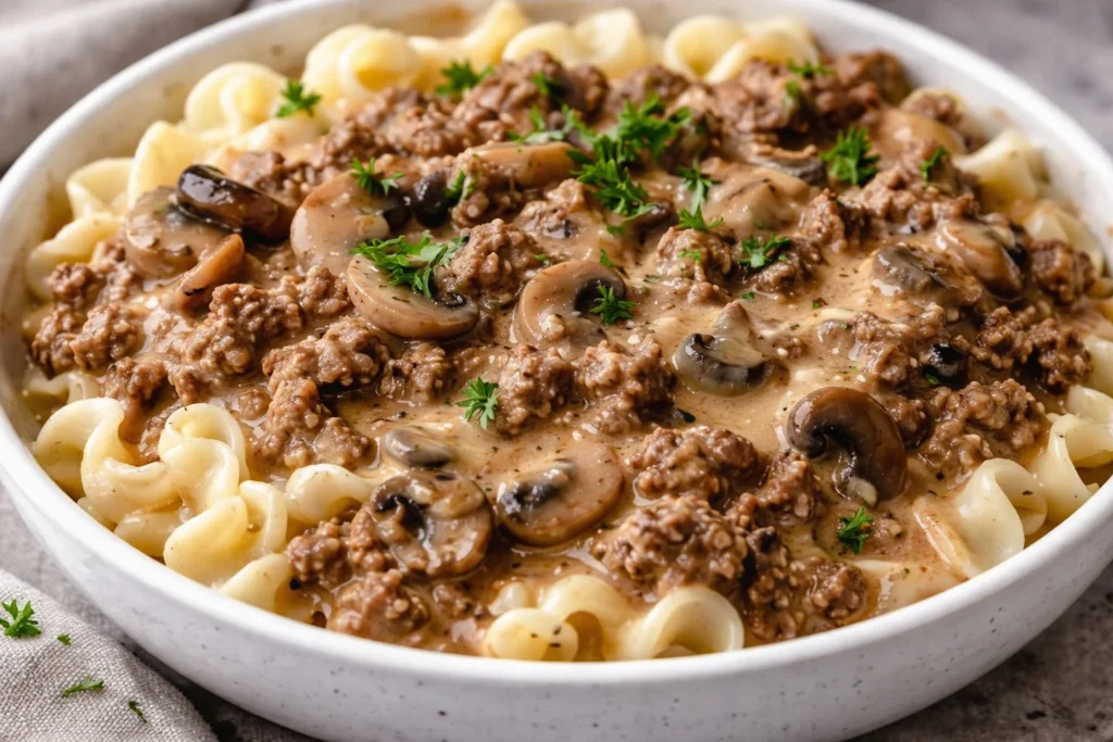 Delicious Beef Stroganoff served with noodles and garnished with parsley.