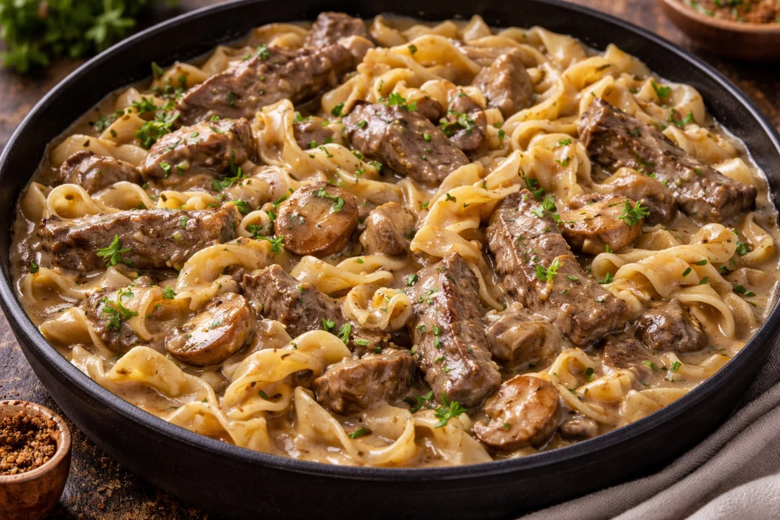 Delicious plate of Beef Stroganoff topped with fresh parsley.