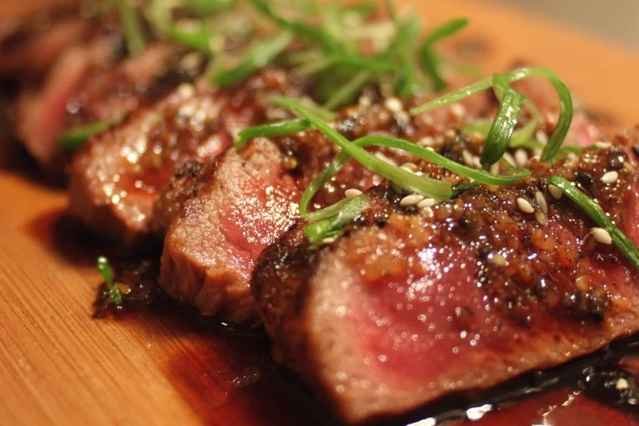 Sliced Beef Tataki garnished with herbs and served with dipping sauce