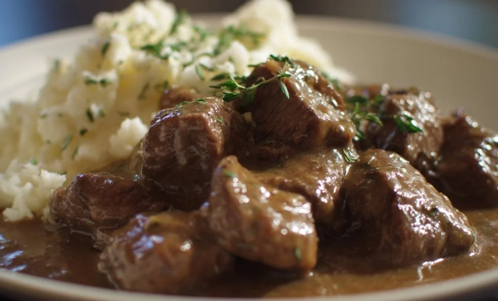 A plate of beef tips simmered in hearty gravy with fresh herbs.