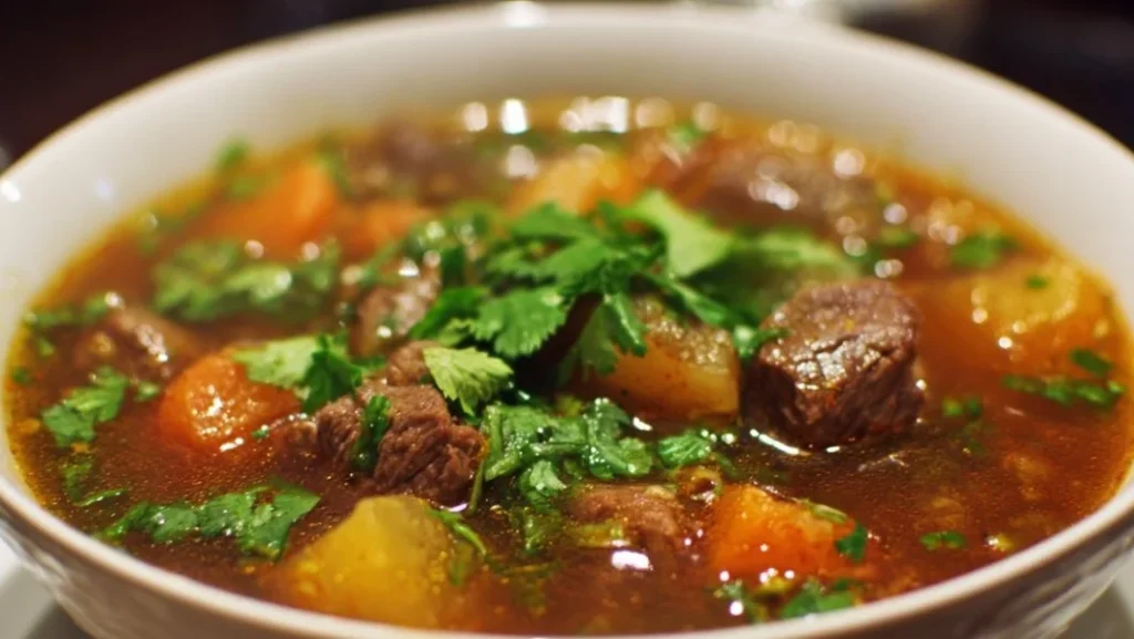 Bowl of hearty Beef Vegetable Soup with fresh vegetables and tender beef pieces