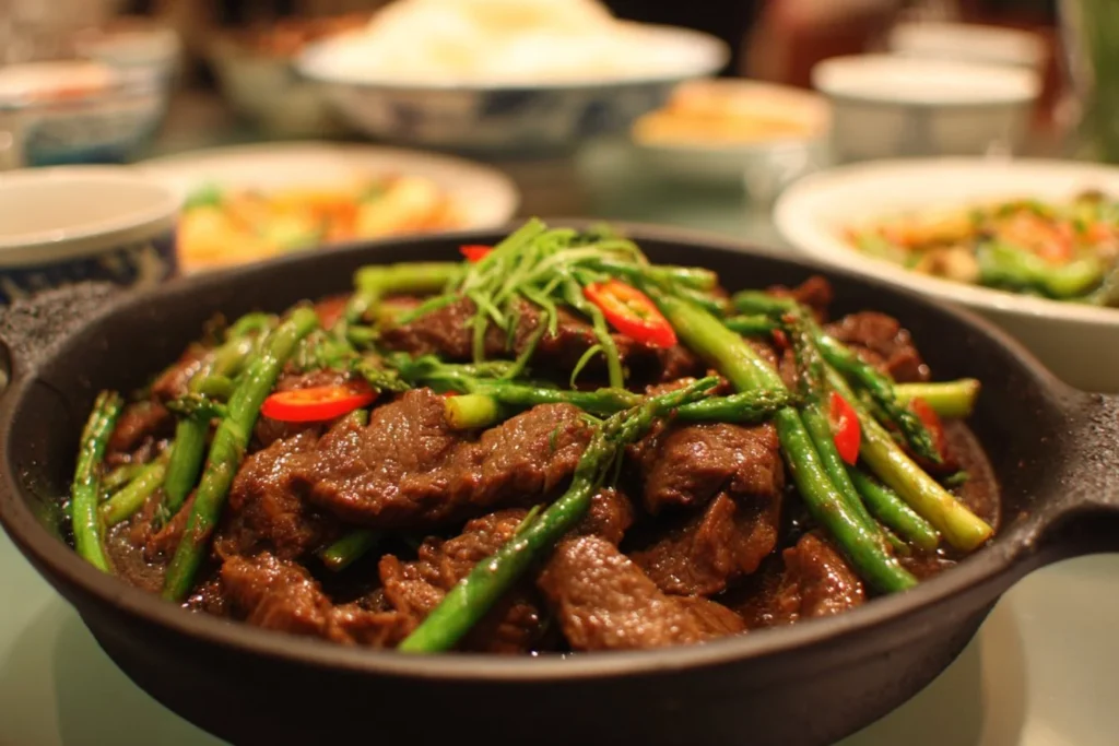 Delicious Beijing Beef stir-fry with colorful vegetables and tender beef slices.