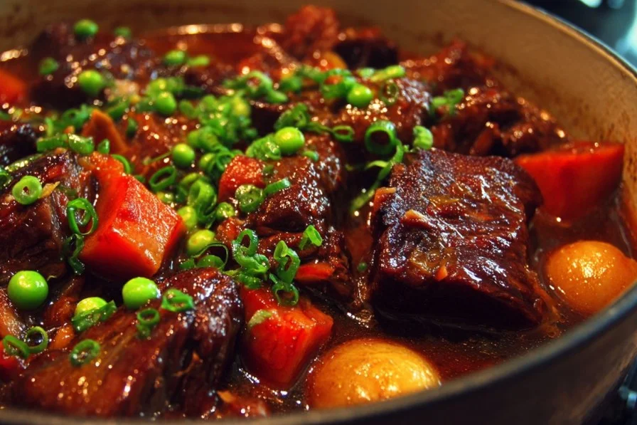 Delicious plate of braised beef served with vegetables and herbs