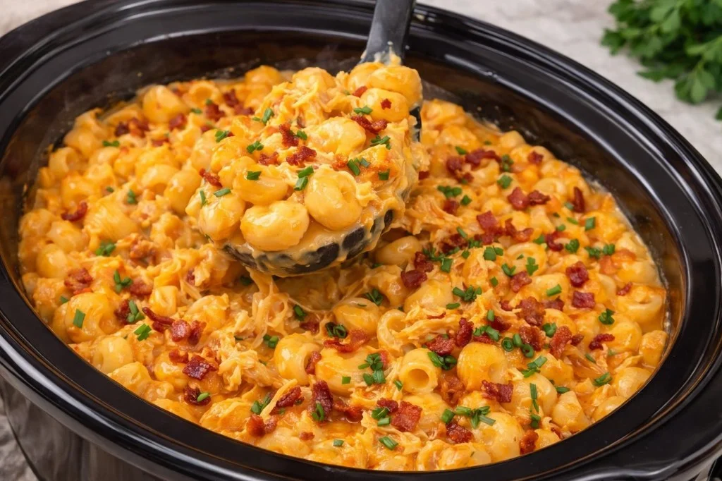 Creamy Buffalo Chicken Mac and Cheese garnished with green onions