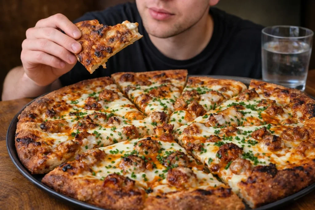 Delicious Buffalo Chicken Pizza topped with spicy sauce and melted cheese