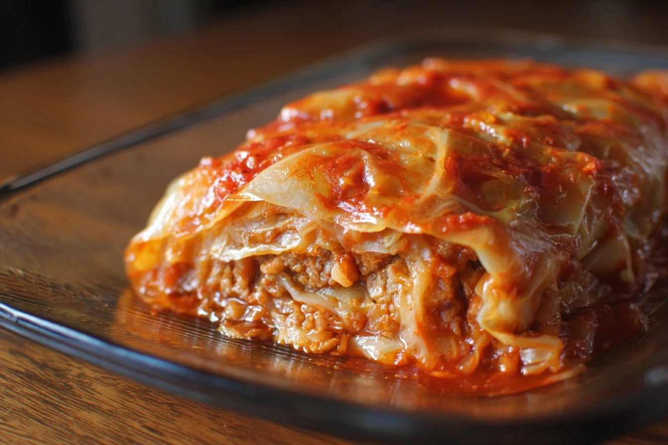 Delicious cabbage roll casserole served in a baking dish with melted cheese on top