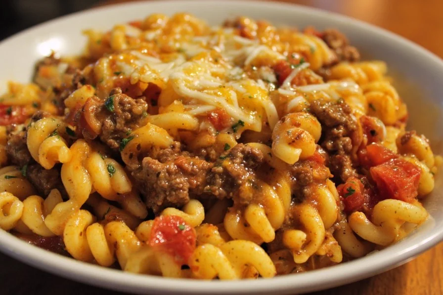 Bowl of cheesy beef pasta topped with cheese and herbs
