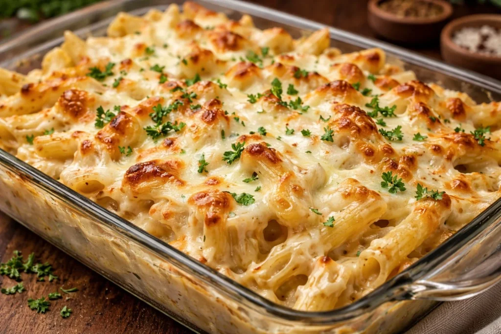 Delicious Chicken Alfredo Bake served in a baking dish with fresh parsley.