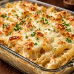 Delicious Chicken Alfredo Bake served in a baking dish with fresh parsley.