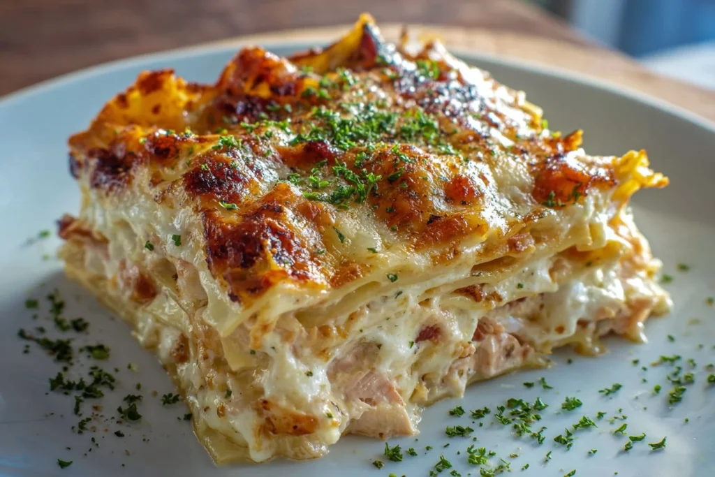 Delicious Chicken Alfredo Lasagna layered with creamy cheese and chicken