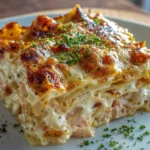 Delicious Chicken Alfredo Lasagna layered with creamy cheese and chicken
