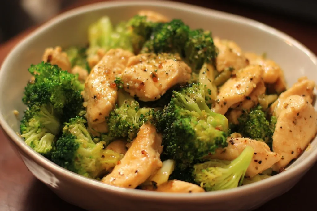 Delicious plate of Chicken and Broccoli stir-fry with vibrant vegetables.
