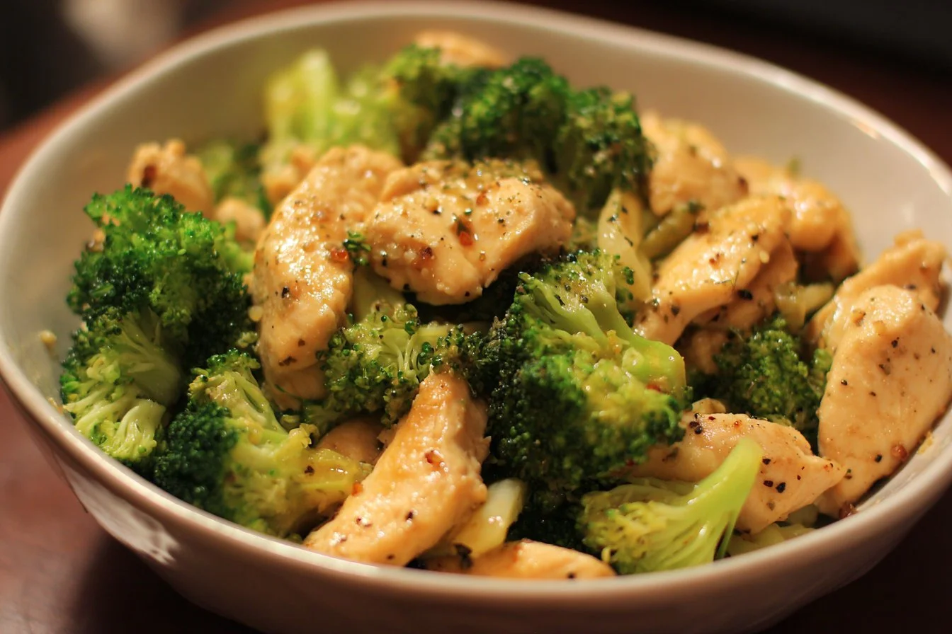 Delicious plate of Chicken and Broccoli stir-fry with vibrant vegetables.