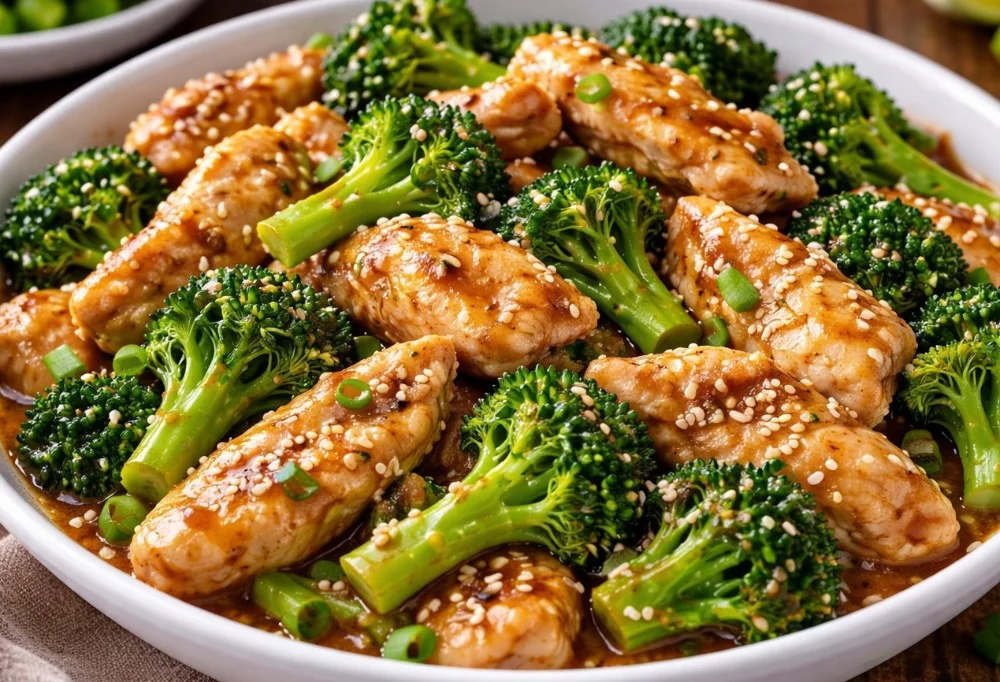 Colorful chicken and broccoli stir fry served in a vibrant bowl.