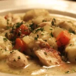 Bowl of Chicken and Dumplings with herbs and vegetables