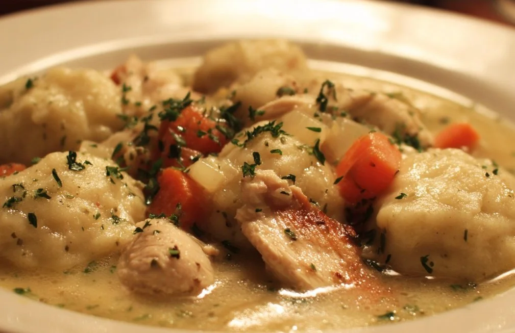 Bowl of Chicken and Dumplings with herbs and vegetables