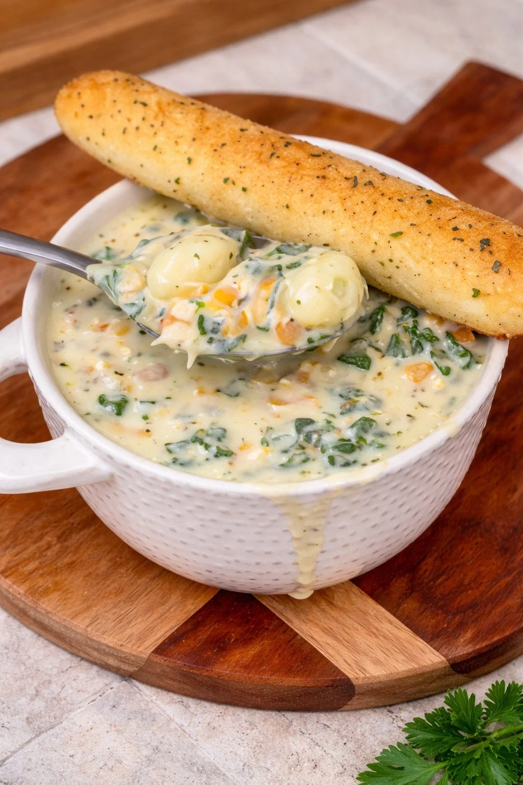 Bowl of creamy Chicken and Gnocchi Soup topped with herbs and spices