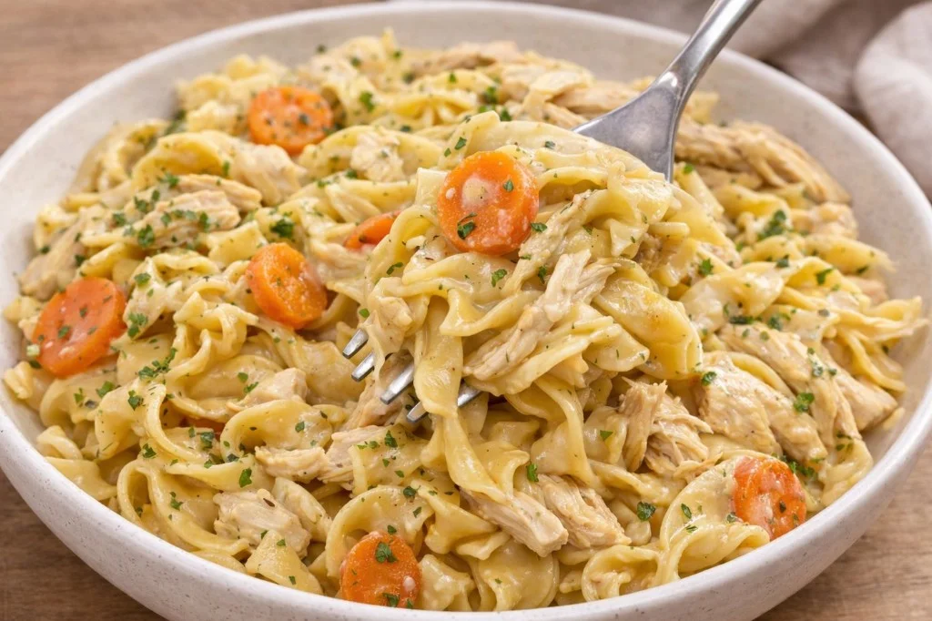 Delicious chicken and noodles served in a bowl with fresh herbs.