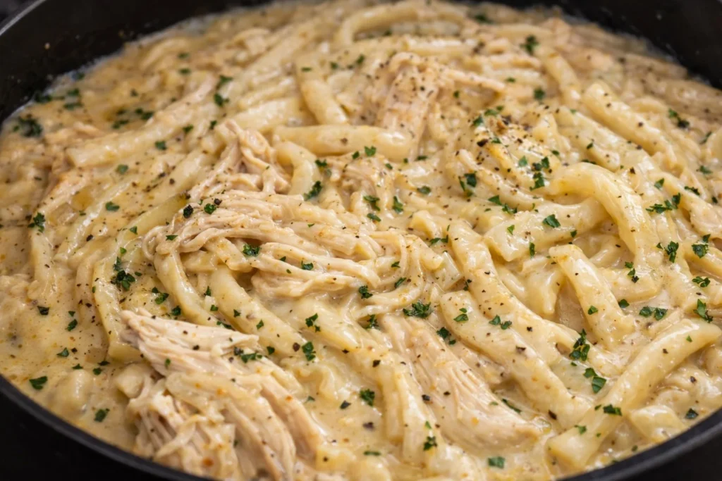 Delicious Chicken and Noodles prepared in a crockpot for a comforting meal.