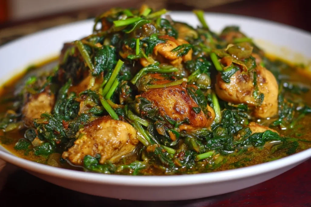 Delicious chicken spinach dish garnished and served on a plate
