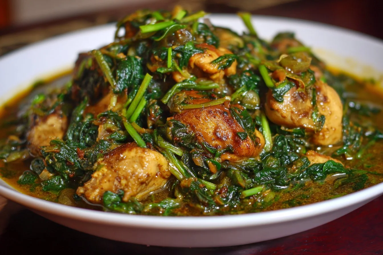 Delicious chicken spinach dish garnished and served on a plate