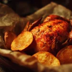 Plate of chicken and sweet potato dish garnished with herbs