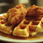 Delicious plate of Chicken and Waffles served with syrup and fresh berries