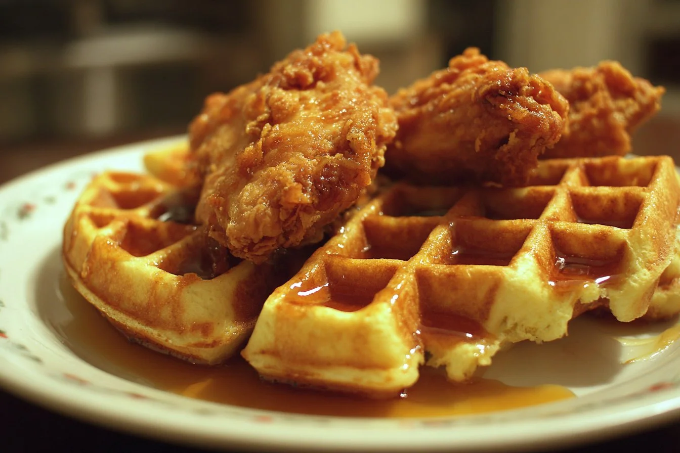 Delicious plate of Chicken and Waffles served with syrup and fresh berries