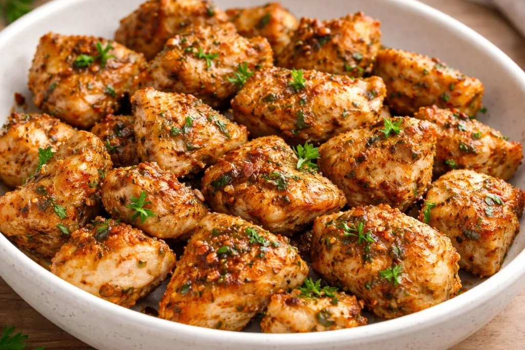 Crispy chicken bites served with dipping sauce on a plate