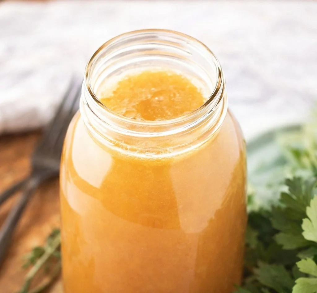Homemade chicken broth simmering with vegetables and herbs