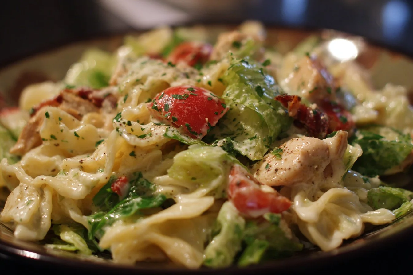 Delicious Chicken Caesar Pasta Salad in a bowl with fresh ingredients