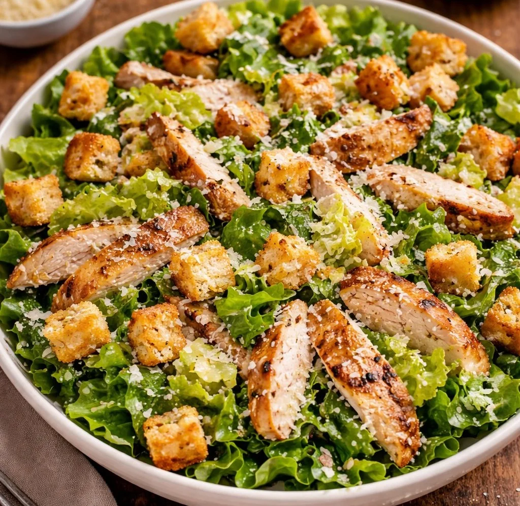 Delicious Chicken Caesar Salad with grilled chicken, romaine lettuce, and Parmesan cheese