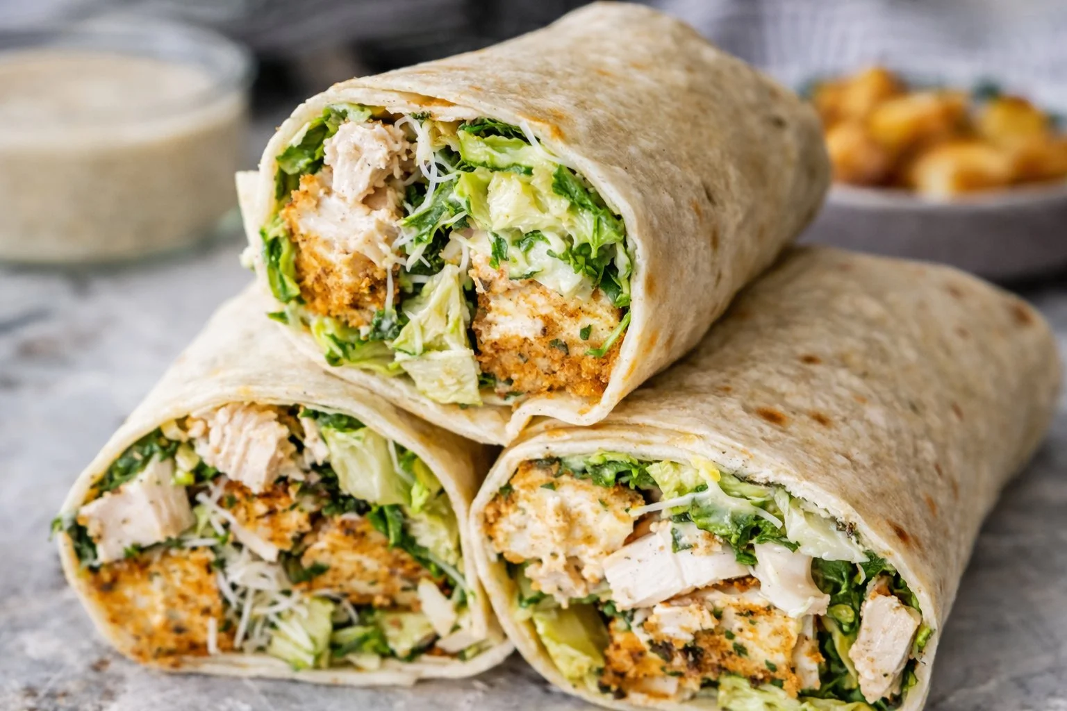 Delicious Chicken Caesar Wrap with grilled chicken, lettuce, and Caesar dressing