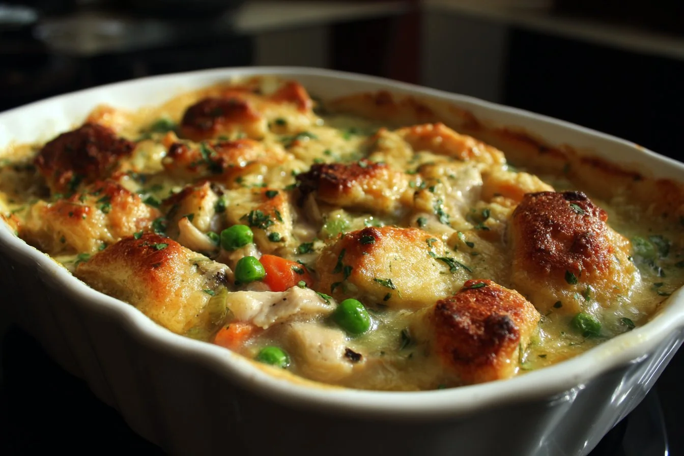 Delicious Chicken Cobbler Casserole with tender chicken and savory toppings