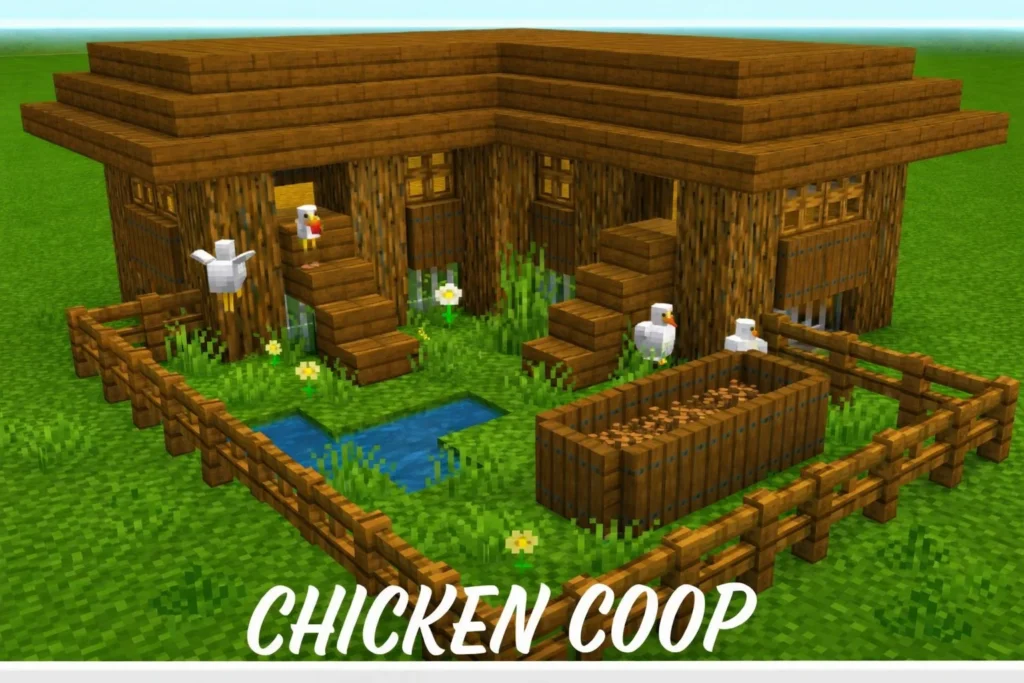 A detailed chicken coop design in Minecraft for raising chickens.