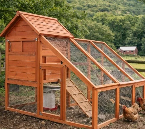 Spacious chicken coop run with happy hens for backyard farming.