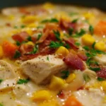Bowl of creamy Chicken Corn Chowder garnished with herbs