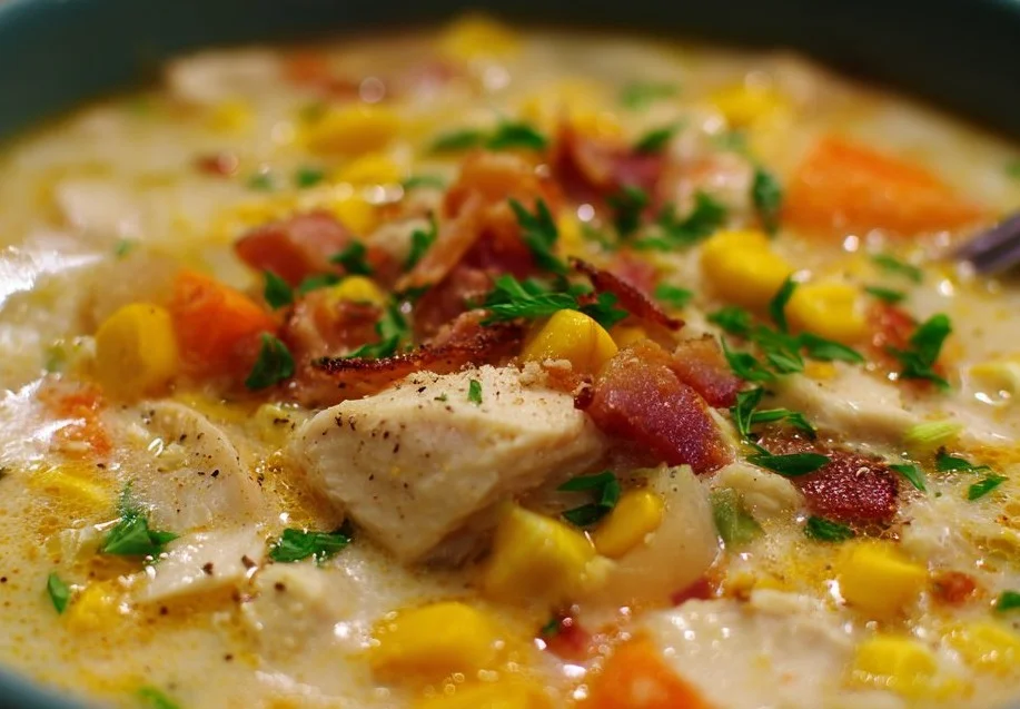 Bowl of creamy Chicken Corn Chowder garnished with herbs