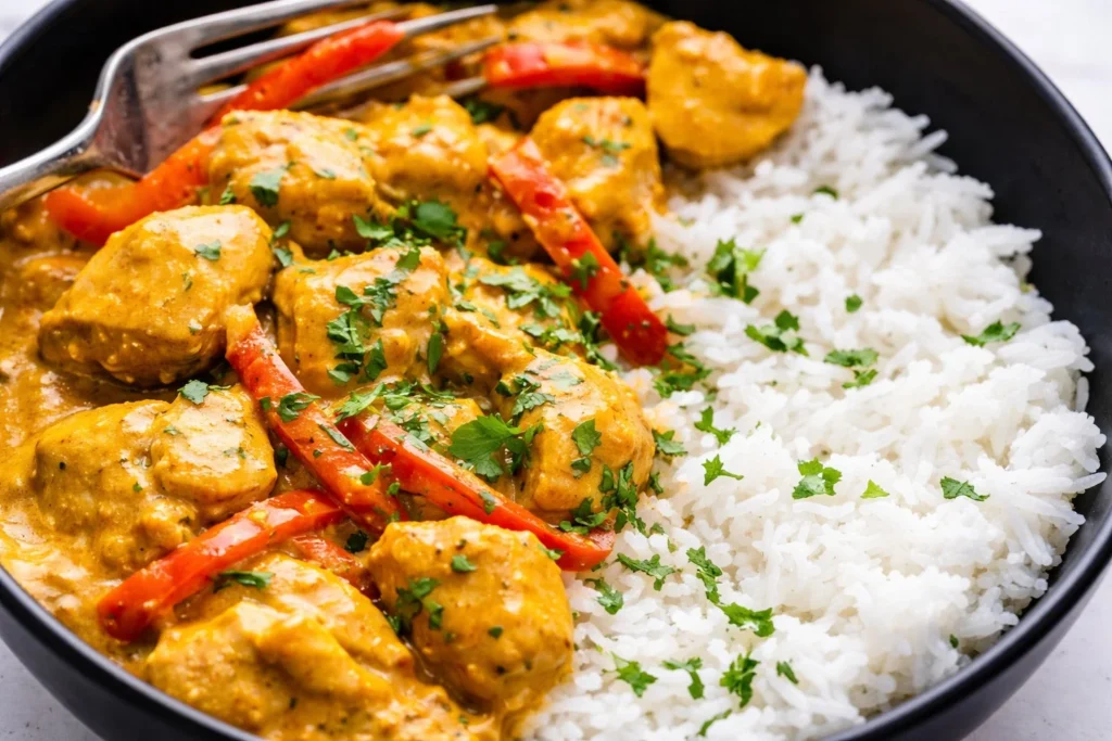 Delicious homemade chicken curry served in a bowl with rice and garnished with herbs