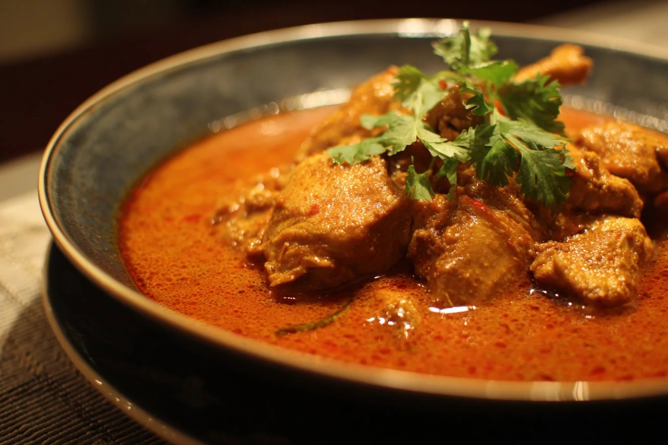A delicious bowl of homemade chicken curry served with rice.