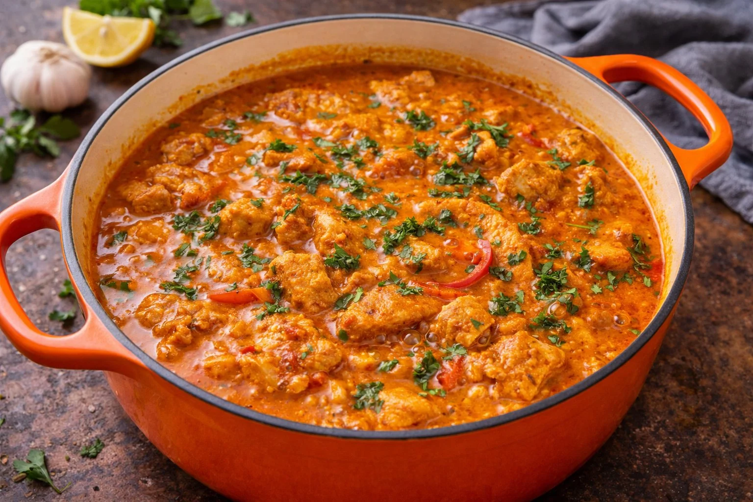 Delicious chicken curry simmering in a traditional clay pot