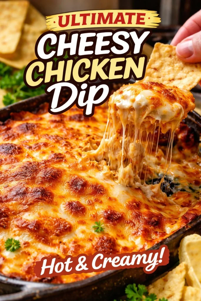 Delicious creamy Chicken Dip served in a bowl with tortilla chips