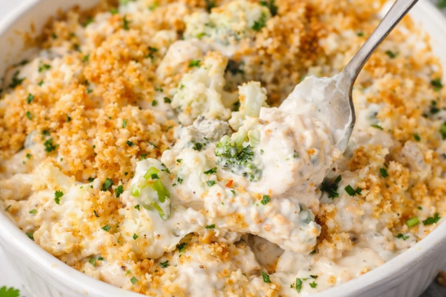 Delicious Chicken Divan with broccoli and creamy sauce served in a casserole dish.
