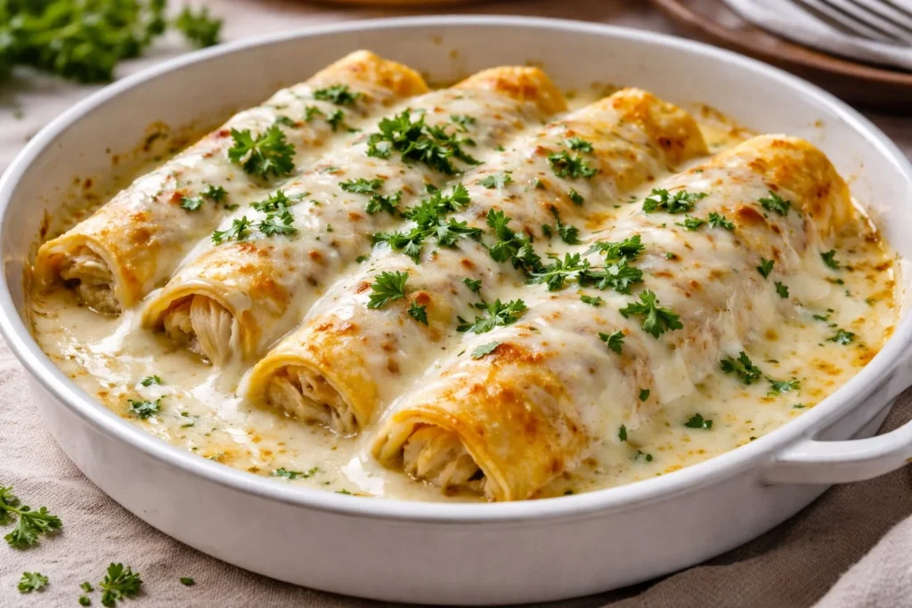 Plate of chicken enchiladas topped with creamy white sauce and garnished with cilantro